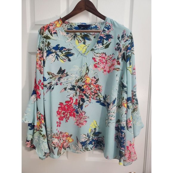 RACHEL Rachel Roy Womens Plus Size Light Teal Floral Frill Sleeve Blouse Sz 22W - Picture 1 of 4